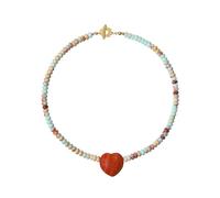 zocare Beaded Heart Pendant Necklace, Blue and Red Jasper Stone Beads, Gold Toggle Clasp, Boho Style