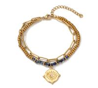 zocare Layered Gold Bracelet for Women Beaded Bracelet with Blue Beads and Evil Eye Charm, Stainless Steel Paperclip Chain Bracelet 14K Gold Plated Boho Bracelet for Women, M, Stainless Steel, Lapis