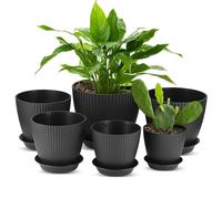 Zocipro 6Pcs Plastic Plant Pot Indoor, Stripe Grooves Flower Pot 17.5/15.5/14/12.5/11.5/10cm with Saucer and Drainage Hole, Decorative Plant Planter Container for Balcony Bonsai Plants