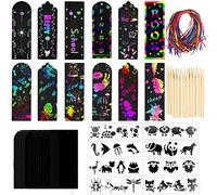 ZOCONE 108 PCS Black Scratch Bookmarks, 36 PCS DIY Bookmarks for Kids Animal Bookmark for Children with 36 Colourful Ribbons+36 Wooden Scratch Pen, Scratch Art Bookmark Party Bag Fillers for Kids