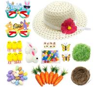 ZOCONE 109Pcs Easter Bonnet Decorations Kit, Make Your Own Easter Bonnet Hat Craft Set, Easter Bunny and Eggs Set Hat, DIY Easter Bonnet Hats Set Including Chicks, Carrots, Nest, Glasses etc. for Kids