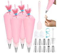 ZOCONE 19Pcs Silicone Piping Bags and Nozzles Set 9 Stainless Steel Icing Nozzles 4Pcs 12inch Pink Pastry Bag Reusable with Cleaning Brush Strap Scraper Complete Frosting Baking Icing Piping Set Tools