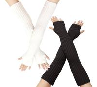 ZOCONE 2 Pairs Long Sleeve Arm Warmers, 50cm Fingerless Gloves, Winter Knitted Arm Sleeves for Women Girls, Wrist Warmers Arm Warmers Baggy (White and Deep Grey)
