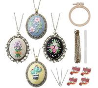 ZOCONE 4 Packs Embroidery Necklace Kit, Embroidery Pendant Kit Mini Cross Stitch Kit with Hoop, Necklace, Pendant, Stamped Pattern Cloth, Instructions, etc., Embroidery Kit for Adults