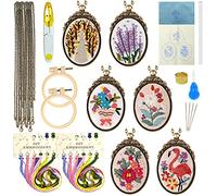 ZOCONE 6 Packs Embroidery Necklace Kit, Embroidery Pendant Kit Mini Cross Stitch Kit with 4 Hoops, Necklace, Pendant, Stamped Pattern Cloth, Instructions, etc, Embroidery Kit for Adults