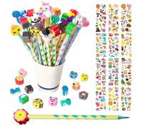 ZOCONE Pack of 30 Children's Triangular Pencils with 30 Pieces Eraser Cartoon Caps Stickers, Funny Party Bag Pencils Primary School Learning to Write Pencil 1st Grade Pencil Children's Birthday Gifts