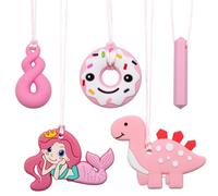 ZOCONE Pack of 5 Chew Chain for Children Silicone Teething Chain Children Girls Cute Dino Mermaid Doughnut Chew Necklace Autism Sensory Chew Necklace Silicone Pendant for Chewing Pink Chew Pendant for