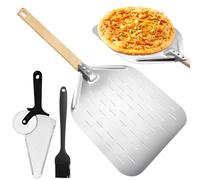 ZOCONE Perforated Pizza Peel 12 Inch Aluminum with a Wooden Handle Practical Pizza Oven Tools Set with Steel Pizza Cutter and Oil Brush for Baking Multifunctional Bread Pie Turning Peel