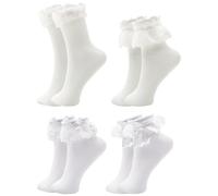 ZOCONE White Frilly Socks (4 Pairs) - Girls & Women's Lace Socks with Bowties & Ruffles, Cotton Material, Princess Style Dress Socks