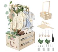 ZOCONE Wooden Baby Shower Crate Closet, Wooden Baby Hamper Basket with Hangers Decorative Leaves Tags, New born Shower Crate Closet for New Parents Pregnancy, Crates for Babies with Hangers