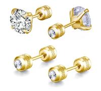 ZOCOYUU 2 Pairs Stud Earrings Set,Hypoallergenic 5A Cubic Zirconia 316L Stainless Steel CZ Screw Back for Men,Women,Boys & Girls (2 Pairs Gold-6mm)