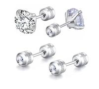 ZOCOYUU 2 Pairs Stud Earrings Set,Hypoallergenic 5A Cubic Zirconia 316L Stainless Steel CZ Screw Back for Men,Women,Boys & Girls (2 Pairs Silver-6mm)