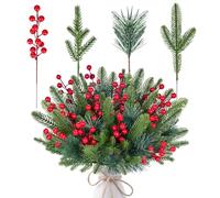 ZOCOYUU 60pcs Christmas Artificial Pine Sprigs Branches with Red Berry Stems,4.5”-10.5”Faux Evergreen Norfolk Pine Leaf Stems, Fake Foliage Needle Picks for DIY Craft Garland Home Decoration
