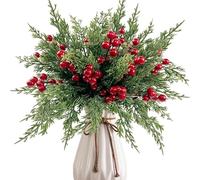 ZOCOYUU 60pcs Christmas Artificial Sprigs Needles Branches with Red Berry Stems, 10.5" Faux Evergreen Norfolk Pine Leaf Stems, Fake Foliage Pine Needle Picks for DIY Craft Wreath Home Decor