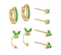 ZOCOYUU Gold Stud Set for Women,14k Gold Plated Cartilage Earring Sets for Multiple Piercing Hypoallergenic Zirconia Huggie Hoop Jacket Earring (4 Pairs - Gold Green Set 1)
