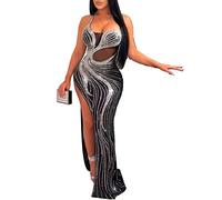 Zoctuo Sequin Evening Gowns for Women Formal Elegant,Galas & Charity Balls,New Year's Eve,Anniversary, Mermaid Dress with Rhinestone Beaded Bodice, High Slit, Spaghetti Straps(Black,XXL,K2685)