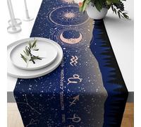 Zodiac Astrology Table Runner, Navy Blue Constellation Horoscope Sun Moon Signs Forest Cotton Linen Dining Table Decor for Celestial and Starry Sky Lovers - 13x60 Inch