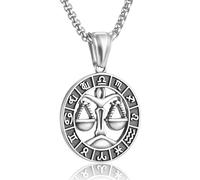 Zodiac Necklace for Men Stainless Steels 12 Constellation Pendant Astrology Jewelry for Women Birthday Gifts, 35mm-25.5mm, Stainless Steel, No Gemstone