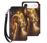 Zodiac Sheep with Golden Glowing Cell Phone Flip Leather Case Classic Protection Compatible with iPhone 17/17 Air/17 Pro/17 Pro Max