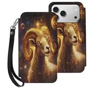 Zodiac Sheep with Golden Glowing Cell Phone Flip Leather Case Classic Protection Compatible with iPhone 17/17 Air/17 Pro/17 Pro Max