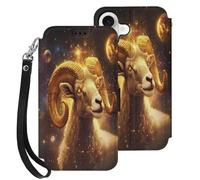 Zodiac Sheep with Golden Glowing Cell Phone Flip Leather Case Classic Protection Compatible with iPhone 17/17 Air/17 Pro/17 Pro Max
