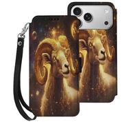Zodiac Sheep with Golden Glowing Cell Phone Flip Leather Case Classic Protection Compatible with iPhone 17/17 Air/17 Pro/17 Pro Max