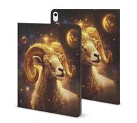 Zodiac Sheep with Golden Glowing Compatible with iPad Protective Case with Pen Holder Book Style