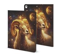 Zodiac Sheep with Golden Glowing Compatible with iPad Protective Case with Pen Holder Book Style