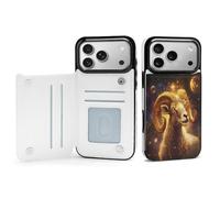 Zodiac Sheep with Golden Glowing Phone Case Compatible with iPhone 17/17 Air/17 Pro/17 Pro Max Flip Protective Cover with Card Holder