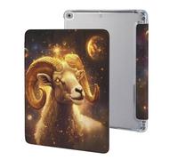 Zodiac Sheep with Golden Glowing Tablet Case with Pencil Holder Compatible with iPad 9th/ 8th/ 7th Lightweight Hard Protective Cover