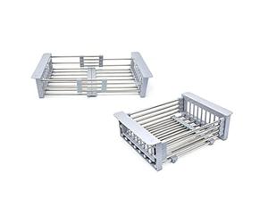 ZodiaK Stainless Steel Retractable Kitchen Sink Rinse Basket, Grey Adjustable Over-The-Sink Dish Drainer Shelf & Vegetable Washing Rack