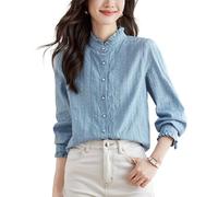 ZODICK Ruffles Stand Collar Embroidery Shirt for Women Autumn Fashion Casual Cotton Button Up Shirts Long Sleeve Tops,Blue,S
