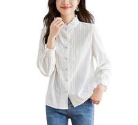 ZODICK Ruffles Stand Collar Embroidery Shirt for Women Autumn Fashion Casual Cotton Button Up Shirts Long Sleeve Tops,White,M