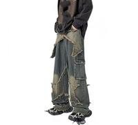 ZODICK Vintage Wide Leg Cargo Jeans Autumn Winter High Street Patchwork Washing Jeans Men Loose Straight Streetwear Hip Hop Pants,Blue,XXL