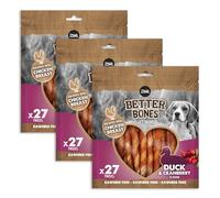 Zoë Better Bones Soft Dog Treat Chews, Pouch of Rawhide-Free, Chicken-Wrapped Twist Dog Training Chews - Duck & Cranberry Flavour, 3 Bags of 27 pcs