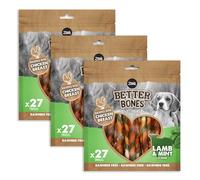 Zoë Better Bones Soft Dog Treat Chews, Pouch of Rawhide-Free, Chicken-Wrapped Twist Dog Training Chews - Lamb & Mint Flavour, 3 Bags of 27 pcs