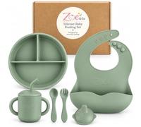 Zoe & Co Silicone Baby Feeding Set, Baby Weaning Set, BPA Free - Sage Green | 5-piece food-grade silicone set with strong suction plate, bib, training cup, spoon and fork for everyday weaning