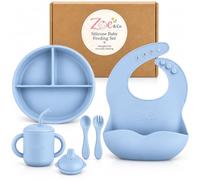 Zoe & Co Silicone Baby Feeding Set, Baby Weaning Set, BPA Free - Soft Blue | 5-piece food-grade silicone set with strong suction plate, bib, training cup, spoon and fork for everyday weaning