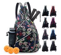 ZOEA Pickleball Bag, Sport Pickleball Sling Bag for Women Man, Adjustable Pickleball Backpack with Fence Hook Water Bottle Holder, Fits 4 Paddles and All Your Other Gear (Flower Black)