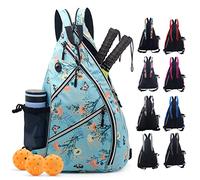 ZOEA Pickleball Bag, Sport Pickleball Sling Bag for Women Man, Adjustable Pickleball Backpack with Fence Hook Water Bottle Holder, Fits 4 Paddles and All Your Other Gear (Flower Blue)