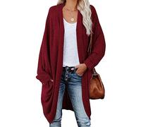 ZoeAce Womens Open Front Knit Cardigan Long Batwing Sleeve Oversized Sweater Chunky Waffle Cable Boho Pockets Coat, Burgundy, L