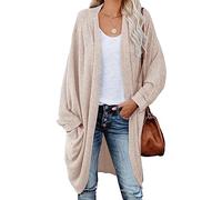 ZoeAce Womens Open Front Knit Cardigan Long Batwing Sleeve Oversized Sweater Chunky Waffle Cable Boho Pockets Coat, Beige, Small