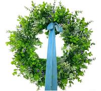 Zoegneer Artificial Green Leaf and Blue Ribbon Decorative Wreath 45cm Plastic and Foam Lifelike Spring and Summer Hanging Garland for Front Door Wall Garden or Home Decoration Ide