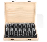 ZOENHOU 100 PCS Wooden Coin Collection Box Coin Holder, Coin Box with Round Clear Coin Capsules, Coin Storage Case Plastic Coin Organizer for Coin Collectors 18mm/21mm/25mm/27mm/30mm