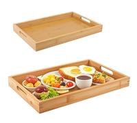 ZOENHOU 2 Pack Large Bamboo Tray with Handles, 41 x 29 x 4cm, 38 x 25 x 4cm, Rectangular Wooden Serving Tray, Breakfast Tray for Kitchen, Tea, Coffee, Parties, Restaurants