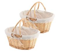 ZOENHOU 2 PCS Wicker Picnic Basket, Hand Woven Willow Picnic Hamper with Folding Handle, Easter Basket Empty Gift Basket for Fruit, Candy, Wine, Egg Gathering, Wedding, Natural