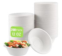 ZOENHOU 200 Pack 350ml 12 oz Paper Bowls, White Round Extra Strength Bagasse Sugarcane Party Bowls for BBQ Parties Picnic Christmas Halloween