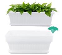 ZOENHOU 6 Pack 17 Inch Flower Window Box, White Rectangular Plastic Window Box Planter with Trays and 30 Green Labels for Windowsill, Patio, Garden, Home Décor, Porch