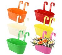 ZOENHOU 6 Pack Coloured Hanging Plant Pots, Detachable Metal Wall Planter with Drainage Hole, Over Fence Balcony Bucket Planter for Railing, Indoor and Outdoor, Black