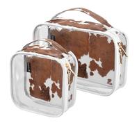 ZOEO 2 Pack Clear Makeup Bag, Brown Cow Calf Animal Fur Print Car Pouches For Organization Waterproof Travel Toiletry Bags For Women Girl, A009, L, Holiday
